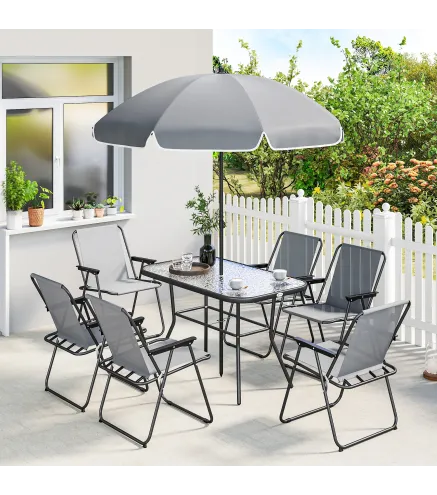 Conjunto de Mesa y Sillas Jardín de 8 Piezas con Sombrilla 6 Sillas Plegables Mesa de Vidrio Templado Gris