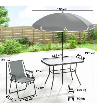 Conjunto de Mesa y Sillas Jardín de 8 Piezas con Sombrilla 6 Sillas Plegables Mesa de Vidrio Templado Gris
