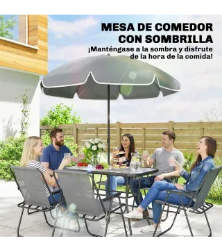 Conjunto de Mesa y Sillas Jardín de 8 Piezas con Sombrilla 6 Sillas Plegables Mesa de Vidrio Templado Gris