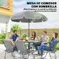 Conjunto de Mesa y Sillas Jardín de 8 Piezas con Sombrilla 6 Sillas Plegables Mesa de Vidrio Templado Gris
