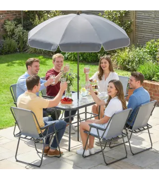 Conjunto de Mesa y Sillas Jardín de 8 Piezas con Sombrilla 6 Sillas Plegables Mesa de Vidrio Templado Gris