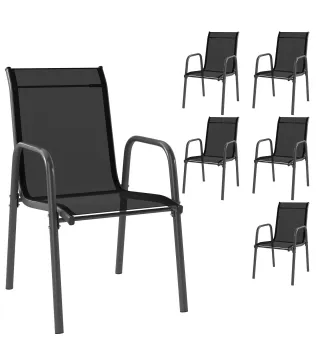 Juego de 6 Sillas de Jardín Exterior Apilables con Reposabrazos Asiento y Respaldo de Malla Estructura de Metal Negro