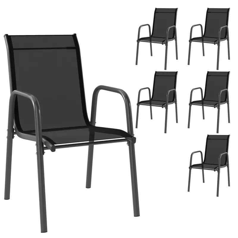 Juego de 6 Sillas de Jardín Exterior Apilables con Reposabrazos Asiento y Respaldo de Malla Estructura de Metal Negro