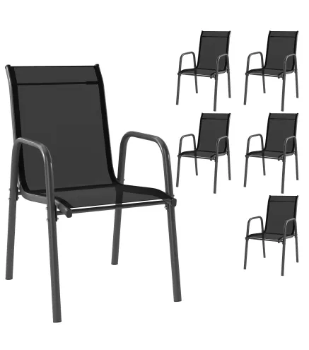 Juego de 6 Sillas de Jardín Exterior Apilables con Reposabrazos Asiento y Respaldo de Malla Estructura de Metal Negro