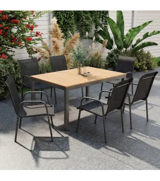 Juego de 6 Sillas de Jardín Exterior Apilables con Reposabrazos Asiento y Respaldo de Malla Estructura de Metal Negro