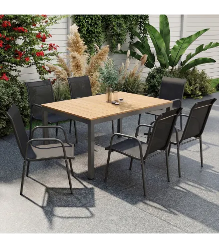 Juego de 6 Sillas de Jardín Exterior Apilables con Reposabrazos Asiento y Respaldo de Malla Estructura de Metal Negro