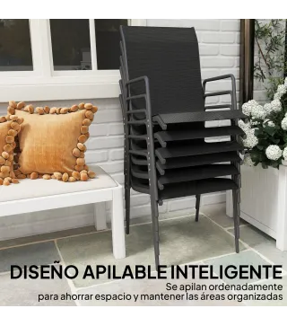 Juego de 6 Sillas de Jardín Exterior Apilables con Reposabrazos Asiento y Respaldo de Malla Estructura de Metal Negro