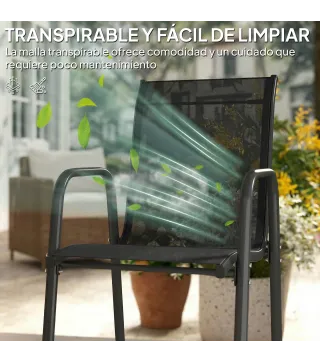 Juego de 6 Sillas de Jardín Exterior Apilables con Reposabrazos Asiento y Respaldo de Malla Estructura de Metal Negro