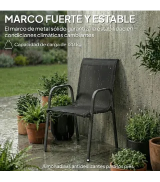 Juego de 6 Sillas de Jardín Exterior Apilables con Reposabrazos Asiento y Respaldo de Malla Estructura de Metal Negro
