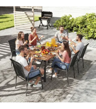 Juego de 6 Sillas de Jardín Exterior Apilables con Reposabrazos Asiento y Respaldo de Malla Estructura de Metal Negro