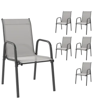 Juego de 6 Sillas de Jardín Exterior Apilables con Reposabrazos Asiento y Respaldo de Malla Estructura de Metal Gris
