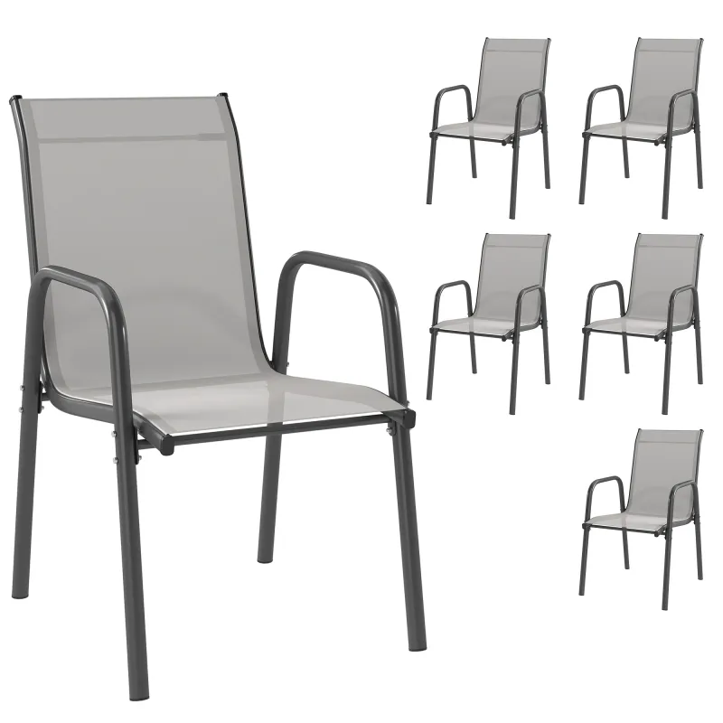 Juego de 6 Sillas de Jardín Exterior Apilables con Reposabrazos Asiento y Respaldo de Malla Estructura de Metal Gris