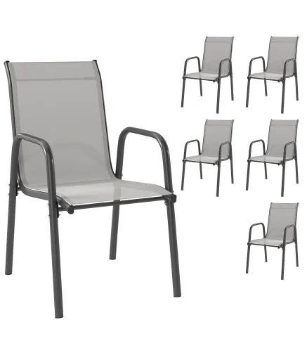 Juego de 6 Sillas de Jardín Exterior Apilables con Reposabrazos Asiento y Respaldo de Malla Estructura de Metal Gris