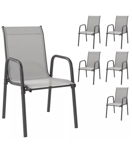Juego de 6 Sillas de Jardín Exterior Apilables con Reposabrazos Asiento y Respaldo de Malla Estructura de Metal Gris
