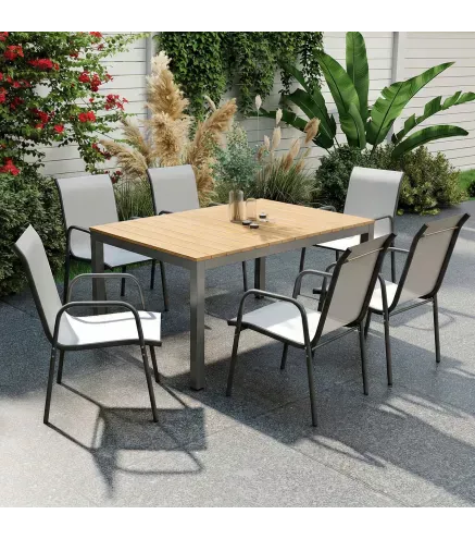 Juego de 6 Sillas de Jardín Exterior Apilables con Reposabrazos Asiento y Respaldo de Malla Estructura de Metal Gris