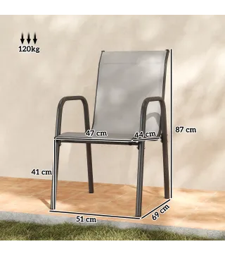 Juego de 6 Sillas de Jardín Exterior Apilables con Reposabrazos Asiento y Respaldo de Malla Estructura de Metal Gris