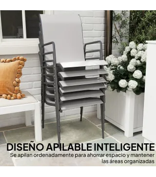 Juego de 6 Sillas de Jardín Exterior Apilables con Reposabrazos Asiento y Respaldo de Malla Estructura de Metal Gris