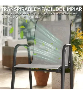 Juego de 6 Sillas de Jardín Exterior Apilables con Reposabrazos Asiento y Respaldo de Malla Estructura de Metal Gris