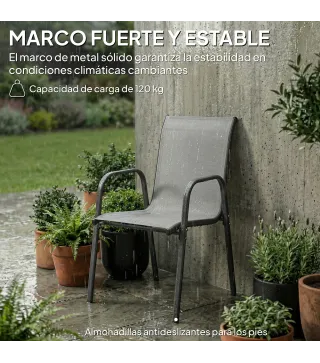 Juego de 6 Sillas de Jardín Exterior Apilables con Reposabrazos Asiento y Respaldo de Malla Estructura de Metal Gris