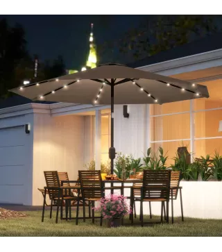 Sombrilla de Jardín Ø265 cm con 32 Luces LED Solares Manivela y Poste de Acero para Patio Terraza Caqui