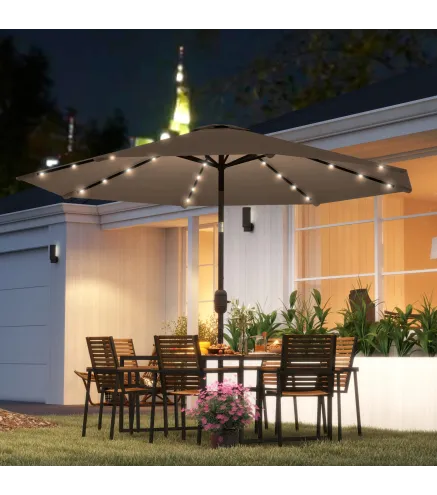 Sombrilla de Jardín Ø265 cm con 32 Luces LED Solares Manivela y Poste de Acero para Patio Terraza Caqui