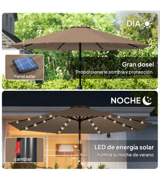 Sombrilla de Jardín Ø265 cm con 32 Luces LED Solares Manivela y Poste de Acero para Patio Terraza Caqui