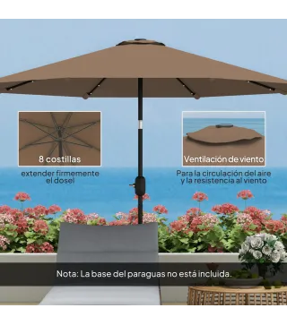 Sombrilla de Jardín Ø265 cm con 32 Luces LED Solares Manivela y Poste de Acero para Patio Terraza Caqui