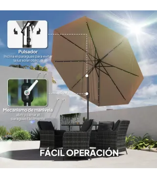 Sombrilla de Jardín Ø265 cm con 32 Luces LED Solares Manivela y Poste de Acero para Patio Terraza Caqui