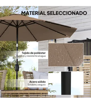 Sombrilla de Jardín Ø265 cm con 32 Luces LED Solares Manivela y Poste de Acero para Patio Terraza Caqui