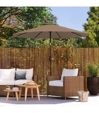 Sombrilla de Jardín Ø265 cm con 32 Luces LED Solares Manivela y Poste de Acero para Patio Terraza Caqui