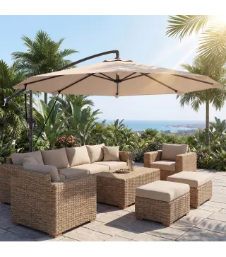 Parasol Excéntrico Ø300 cm con Base Cruzada Manivela Funda Protectora y Cuerdas de Viento UPF30+ Caqui