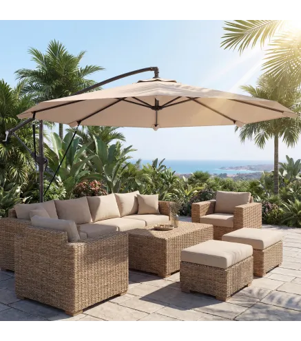 Parasol Excéntrico Ø300 cm con Base Cruzada Manivela Funda Protectora y Cuerdas de Viento UPF30+ Caqui