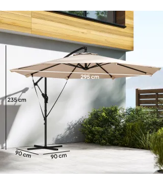 Parasol Excéntrico Ø300 cm con Base Cruzada Manivela Funda Protectora y Cuerdas de Viento UPF30+ Caqui