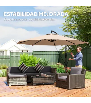Parasol Excéntrico Ø300 cm con Base Cruzada Manivela Funda Protectora y Cuerdas de Viento UPF30+ Caqui