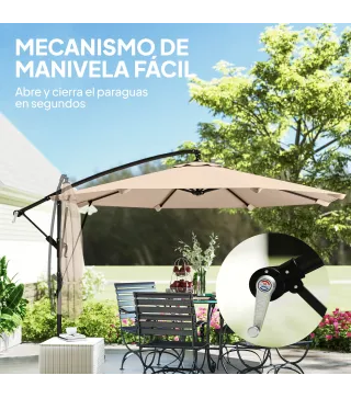 Parasol Excéntrico Ø300 cm con Base Cruzada Manivela Funda Protectora y Cuerdas de Viento UPF30+ Caqui