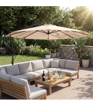 Parasol Excéntrico Ø300 cm con Base Cruzada Manivela Funda Protectora y Cuerdas de Viento UPF30+ Caqui