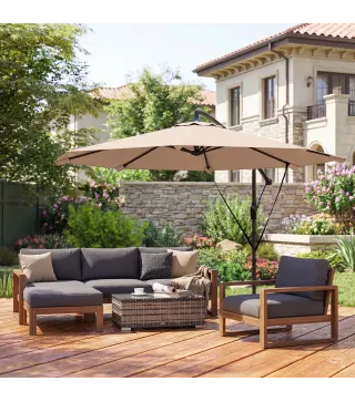 Parasol Excéntrico Ø300 cm con Base Cruzada Manivela Funda Protectora y Cuerdas de Viento UPF30+ Caqui