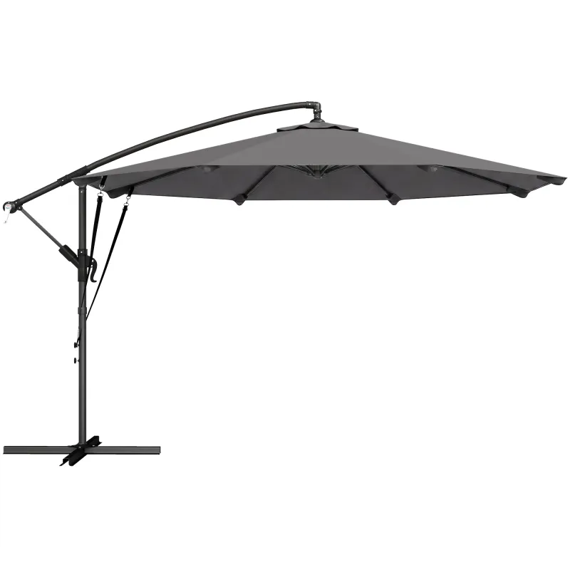 Parasol Excéntrico Ø300 cm con Base Cruzada Manivela Funda Protectora y Cuerdas de Viento UPF30+ Gris Oscuro
