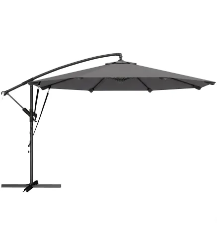 Parasol Excéntrico Ø300 cm con Base Cruzada Manivela Funda Protectora y Cuerdas de Viento UPF30+ Gris Oscuro