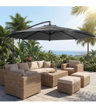 Parasol Excéntrico Ø300 cm con Base Cruzada Manivela Funda Protectora y Cuerdas de Viento UPF30+ Gris Oscuro