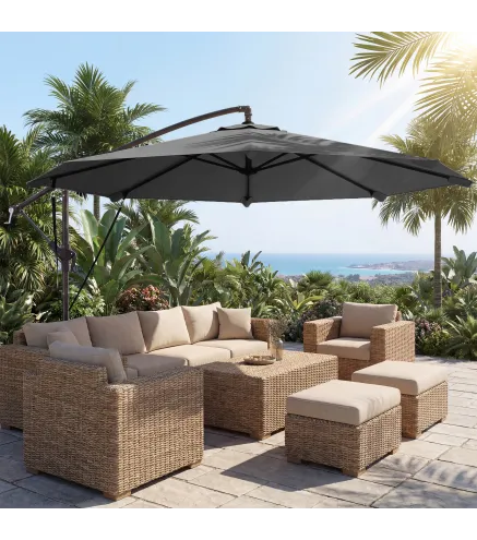 Parasol Excéntrico Ø300 cm con Base Cruzada Manivela Funda Protectora y Cuerdas de Viento UPF30+ Gris Oscuro