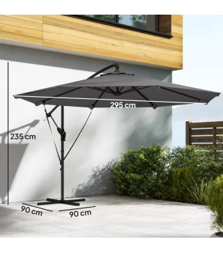Parasol Excéntrico Ø300 cm con Base Cruzada Manivela Funda Protectora y Cuerdas de Viento UPF30+ Gris Oscuro
