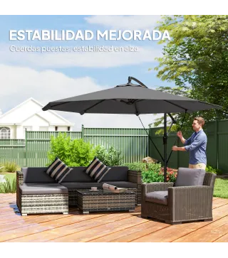 Parasol Excéntrico Ø300 cm con Base Cruzada Manivela Funda Protectora y Cuerdas de Viento UPF30+ Gris Oscuro