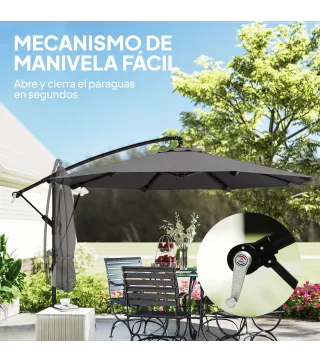 Parasol Excéntrico Ø300 cm con Base Cruzada Manivela Funda Protectora y Cuerdas de Viento UPF30+ Gris Oscuro