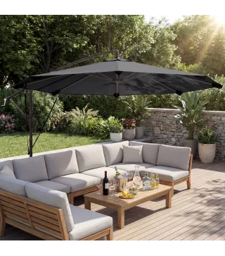 Parasol Excéntrico Ø300 cm con Base Cruzada Manivela Funda Protectora y Cuerdas de Viento UPF30+ Gris Oscuro