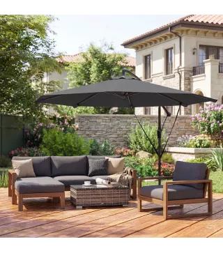 Parasol Excéntrico Ø300 cm con Base Cruzada Manivela Funda Protectora y Cuerdas de Viento UPF30+ Gris Oscuro