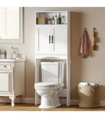 Armario sobre Inodoro Mueble de Baño con 2 Puertas de Cierre Silencioso Estante Abierto 64x21x173,5 cm Blanco