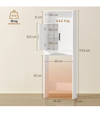 Armario sobre Inodoro Mueble de Baño con 2 Puertas de Cierre Silencioso Estante Abierto 64x21x173,5 cm Blanco