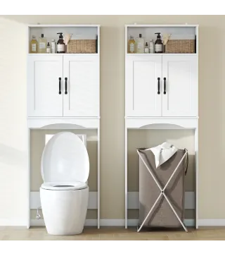 Armario sobre Inodoro Mueble de Baño con 2 Puertas de Cierre Silencioso Estante Abierto 64x21x173,5 cm Blanco