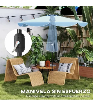 Sombrilla Terraza Exterior Ø2,7 m Sombrilla con Inclinación Ajustable 3 Posiciones Manivela y Volante Azul Celeste